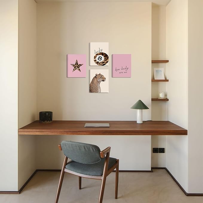 Lucky Leopard Pink Wall Art Set of 4, Retro Y2K Preppy Aesthetic Framed Canvas Prints, Lucky 8 Ball Star and Quote Trendy Fashion Wall Decor for Bedroom Dorm Bathroom Home Decor 8x10in