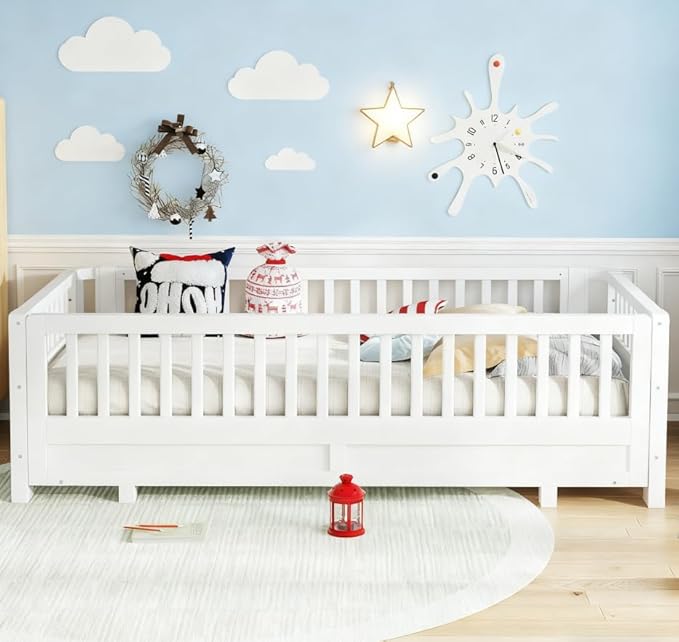 Bellemave Queen Floor Bed or Twin XL Montessori Floor beds for Kids, Twin XL Can Be Converted into a Queen Platform Bed, White