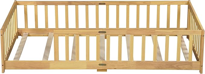Ball & Cast Twin Size Floor Bed Frame,Montessori Floor Bed with Safety Fence,Wood Platform Toddler Bedframe for Girls Boys,Bedroom,Playroom,Easy Assembly & No Box Spring Needed,Natural