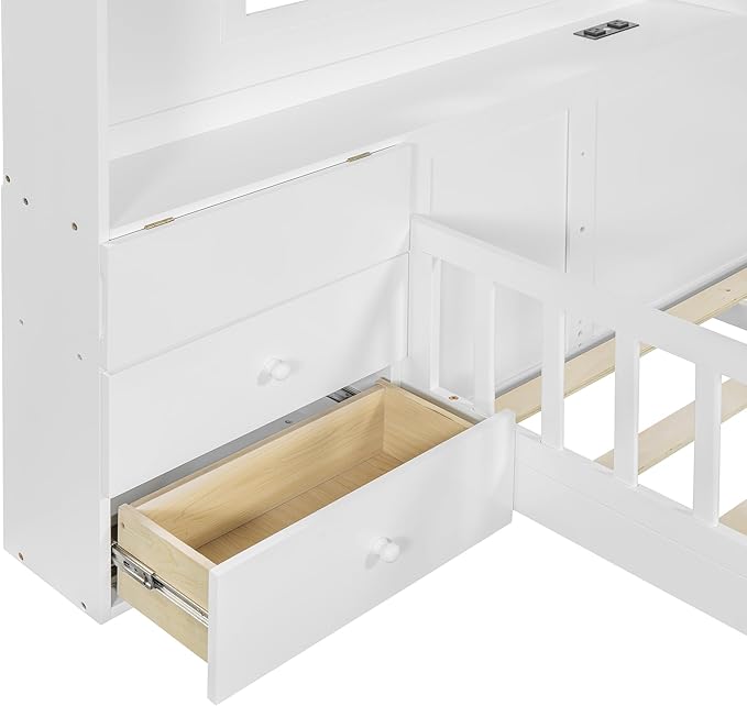 Full Size Kids Floor Bed with Safety Fence, Solid Wood Montessori Platform Bed with House Shape Headboard with Bedside Drawers, Shelves, Sockets and USB Port for Kids Boys Girls (White-LF)