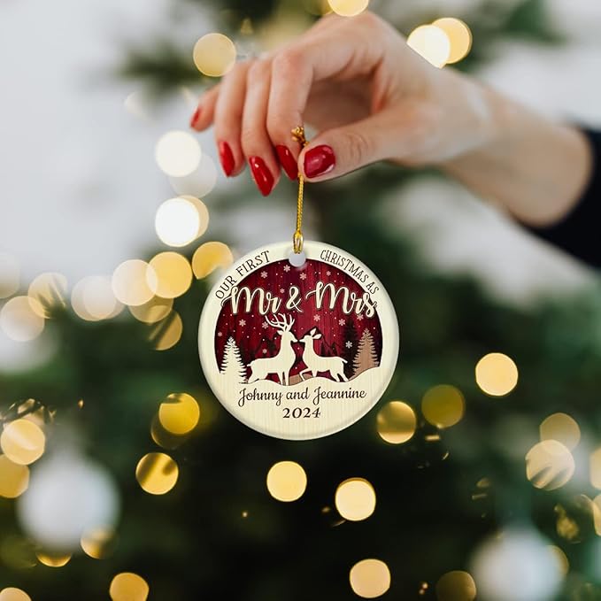 wowcugi Personalized First Christmas As Mr and Mrs Ornament Personalized Reindeer Couple Ceramic Ornaments Engagement Ornament Wedding Keepsake Gifts for Newlywed Xmas Tree Decorations