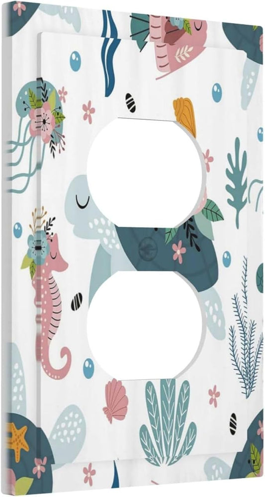 Underwater Floral Turtle Animal 1 Gang Single Duplex Light Switch Plate Outlet Cover Decorative Wall Plate Switchplate Electrical Faceplate for Nursery Kidsroom Bedroom Decor