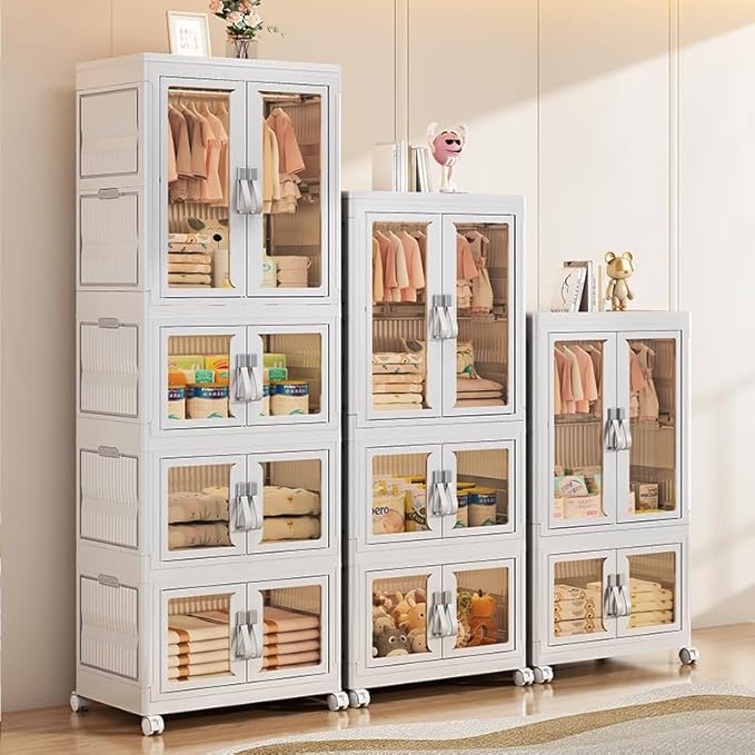Kids Wardrobe Closet, 4Tiers Portable Foldable Children’s Clothes Organizer with Wheels Cabinet Toddler Dresser Storage Organizer with Hanging Rod & 6 Hangers for Kids Bedroom or Nursery