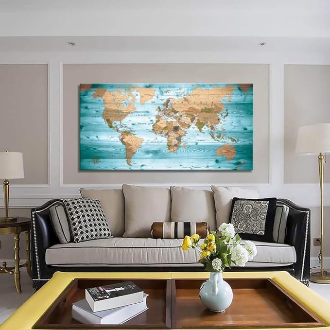 Large Wall Art Blue map of The World Painting Ready to Hang 20"x40"Large Framed Wall Art World Map Canvas Map Decorations Artwork Prints
