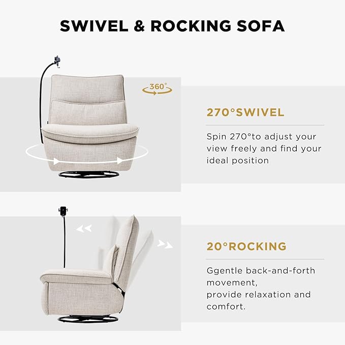 Nouhaus Swivel Nursery Recliner Glider, Oversized Electric Rocker Recliner Chair with USB & Type-C Port, Wireless Charger Phone Holder, Reclining Rocking Chair for Nursery (Snooze Modern, Elder White)