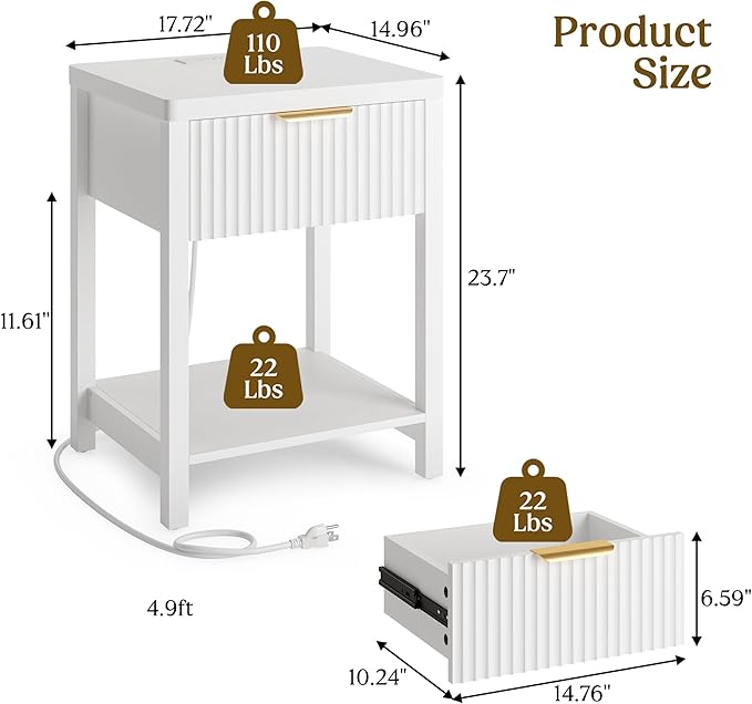 Lulive Night Stand Set 2, Fluted Nightstand with Charging Station, Wood Modern Bedside End Table with Storage Drawer for Bedroom, Save Space (Set of 2, White)