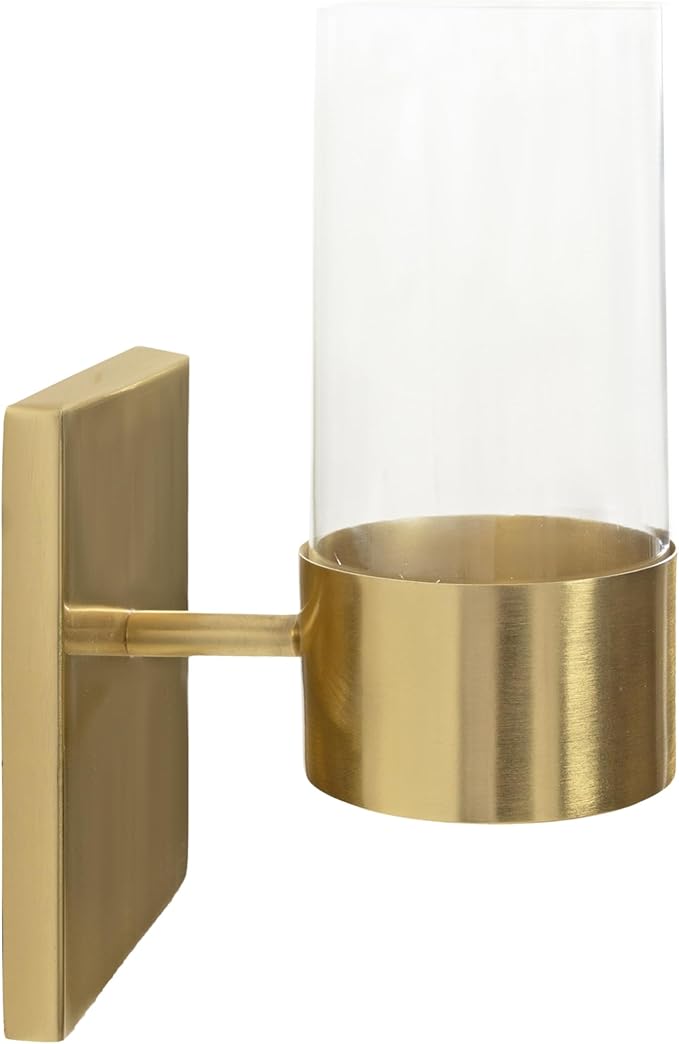 Kate and Laurel Zabler Modern Metal Wall Sconce, 5 x 6 x 10, Gold, Round Candle Holder with Removable Glass Cylinder for Flameless Candle Display in Bedroom or Bathroom