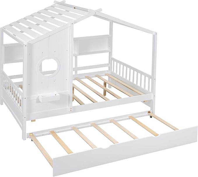 Bellemave Full Size House Bed Frame with Trundle for Kids,Full Kids Bed Frame with Bookshelves,Solid Wood House Bed for Girls,Boys,Can be Decorated,White
