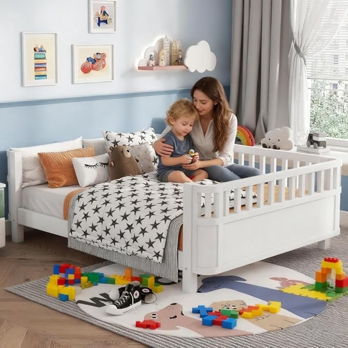 Full Size Kids Bed with Rails, Wood Montessori FloorBed Full with Slats Support, Modern Daybed Low to Ground for Girls Boys Bedroom Living Room, White