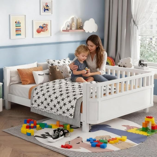 Full Size Kids Bed with Rails, Wood Montessori FloorBed Full with Slats Support, Modern Daybed Low to Ground for Girls Boys Bedroom Living Room, White