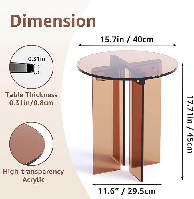 Acrylic Small Coffee Table, Round Accent End Table, Minimalist Bedside Nightstand, Side Tables Living Room, Bedroom Office Indoor Home Decor, Brown