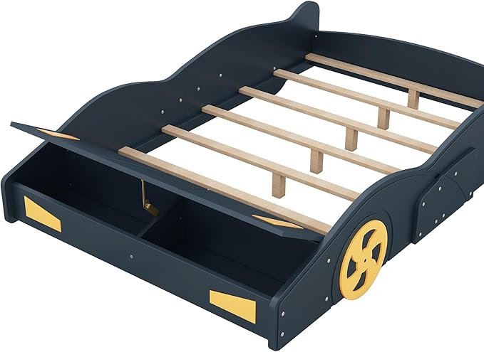 Full Size Race Car Bed for Kids, Car-Shaped Bed Frame with Wheels and Storage Footboard for Boys, Wood Slats Support,No Box Spring Needed, Dark Blue+Yellow