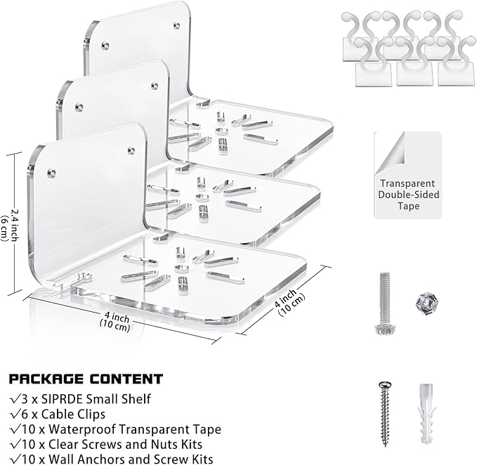 SIPRDE Acrylic Small Wall Shelf Set of 3 for Security Cameras, Speakers, Baby Monitors & More - 4'' Universal Adhesive Shelf Easy to Install No Drill, with Cable Clips (Clear)