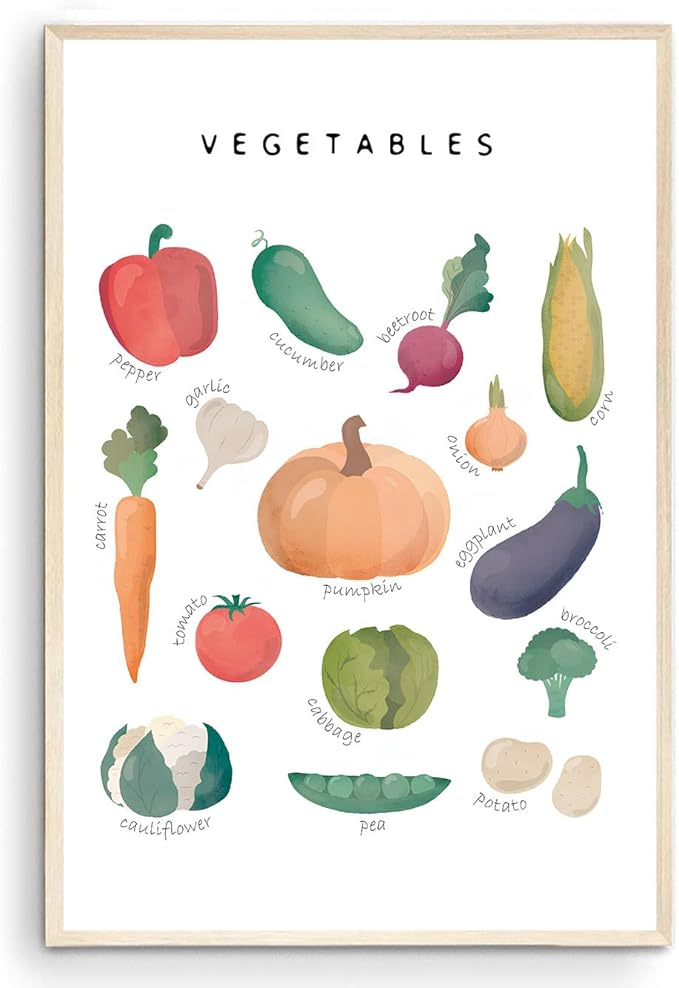 OZCONO Vegetables and Fruits Educational Posters, Harvest Chart Kids, Classroom Decor, Rainbow Nursery Wall Art, Homeschool Education Guide (Unframed) (9x11)