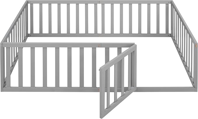 Merax Full Floor Bed with Safety Guardrails and Door, Wood Montessori Floor Bed Frame for Kids, Full Playhouse Bed Frame for Baby Girls and Boys, Grey