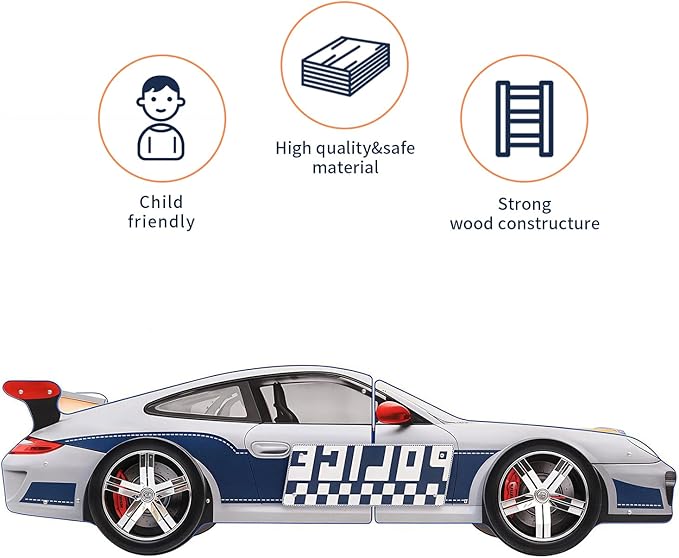 LKTART Twin Size Car Bed for Kids, Police Car-Shaped Wooden Platform Bed Frame with LED Lights, Headboard Wheels and Support Slats for Boys Toddlers Child's Bedroom (Blue)
