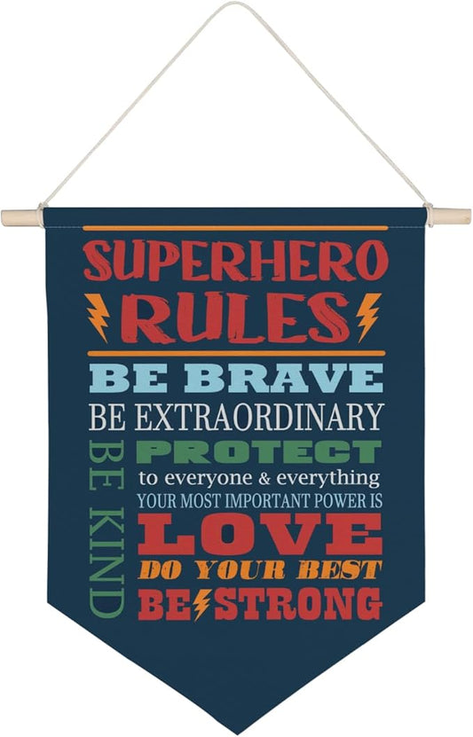 QODUNG Inspirational Quote Superhero Rules Avengers Room Decor,Cool Wall Decor for Boys,Bedroom,Playroom,Toddler and Kids Room,Wall Hanging Pennant Flag Canvas Banner