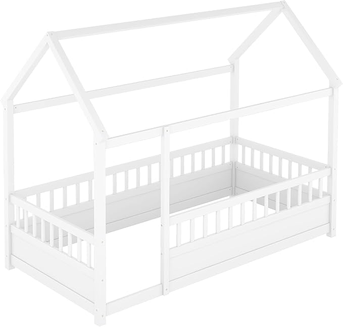 Twin Size House Bed with High Fence for Kids,Twin Floor Bed Frame, Kids Montessori Bed Twin Size,Solid Wood House Bed Frame for Boys,Girls,White