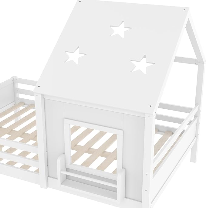 Bellemave Full House Bed with Rails or guardrails and Bookcase, Wooden Full House Shape Platform Bed for Boys, Girls, Teens, White
