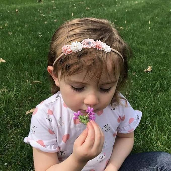 Baby Girl Nylon Headbands Flower Hair Bows Accessories-Elastic Hair Band Crown Handmade FLoral Wraps Birthday Gifts for Girls Newborn Infant Toddler 3Pcs