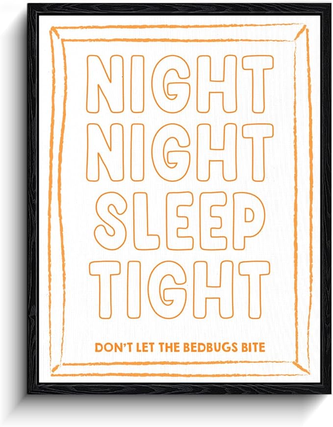 Bedtime Quote Wall Art, sleep tight message, playful kids wall decor, matte finish framed canvas print, nursery poster artwork, for nursery kids room birthday gift, 12x15 inch
