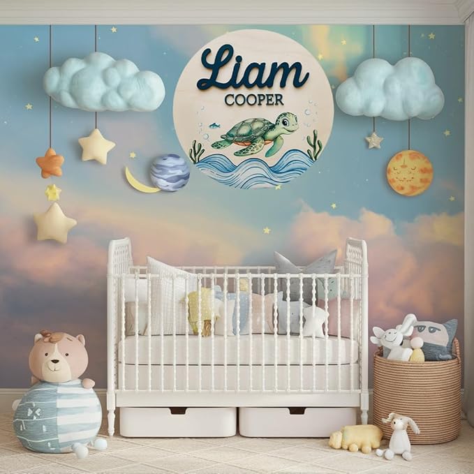 Personalized Name for Nursery Wall, Green Turtle Sign for Baby Door Decor, Newborn Gifts for Boy, Boys Nursery Wall Bedroom Decorations, Mother's Day Gifts for New Mom Dad Gift
