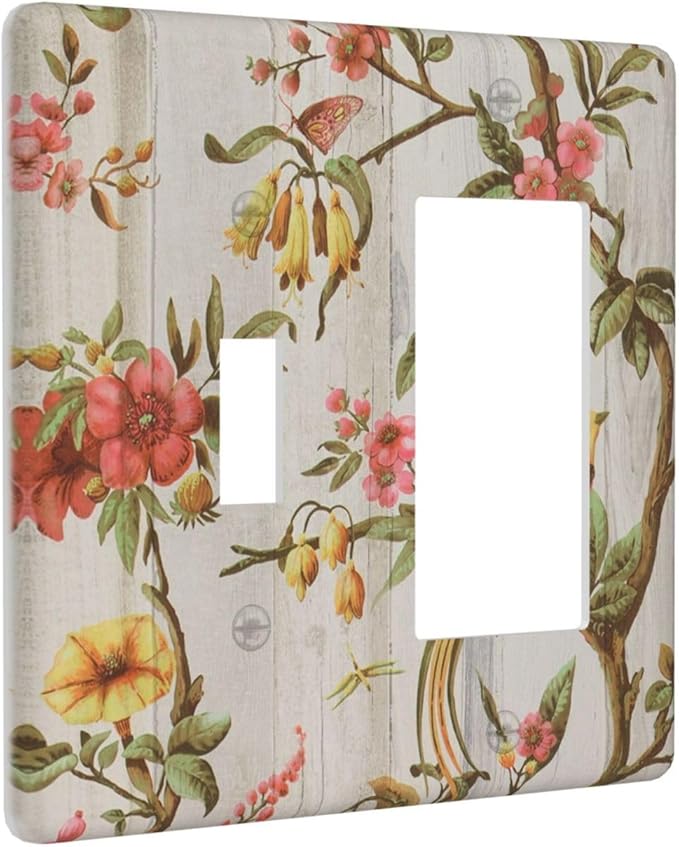 Flowers Bird Tree Retro Spring Floral Branch 2 Gang Light Switch Cover Decorative Combination Wall Plate Oriental Chinese Landscape Drawn Single Toggle Rocker Electrical Faceplate for Kitchen Home