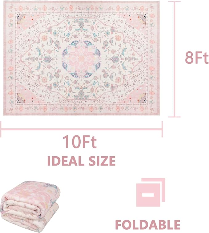 Area Rug - Vintage 8x10 Non-Slip Backing Area Rugs Light Pink Soft Faux Wool Carpet Foldable & Machine Washable Rugs for Living Room Bedroom Dining Room Nursery Home Office