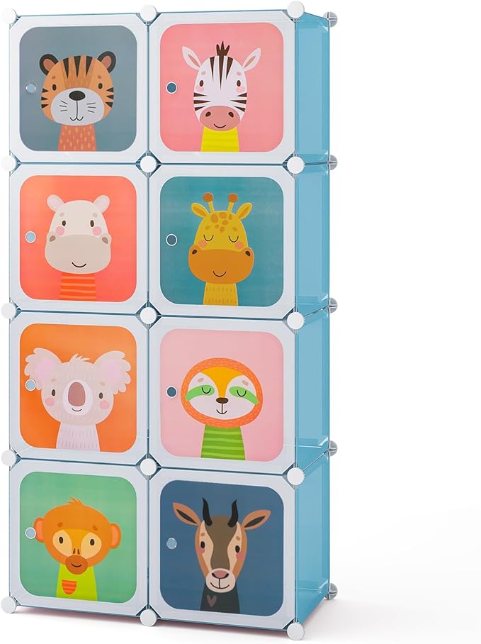 Costzon Kids Closet, Cartoon DIY Modular Dresser Storage Organizer with 8 Cubes & Clothes Hanging Rack, Portable Armoire for Baby Toddlers, Kids Wardrobe for Bedroom Nursery, Blue