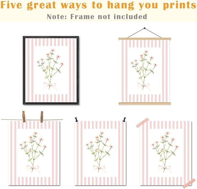 JINYO Coquette Pink Bow Floral Wall Art Prints Set of 4, Floral Room Decor, Preppy Pink and White Striped Flower Posters Pictures Wall Decor for Girls Room Bedroom Dorm Home, 8x10 Unframed