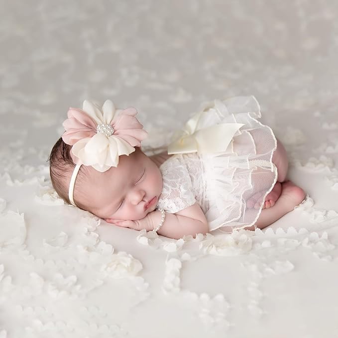 Newborn Girl Photography Outfits, Backless Lace Romper with Flower Headband Photo Props, Baby Girl Photoshoot Outfits