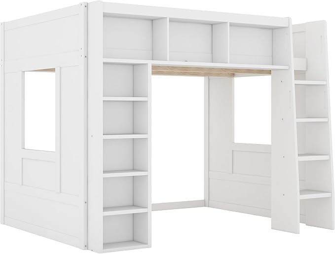 Playhouse Design Queen Size Loft Bed with Built-in Storage Shelves and 2 Windows, Solid Wood Loft Bed Frame with Safety Guardrail for Kids Teens Boys Girls, Space-Saving (White-12.9)