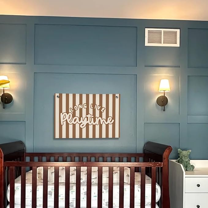 Playroom Decor for Boy, Long Live Playtime Wall Hanging Linen Banner, Blue Striped Wall Flag for Kids Room Nursery Playroom Decor, 20x30 Inch-Brown