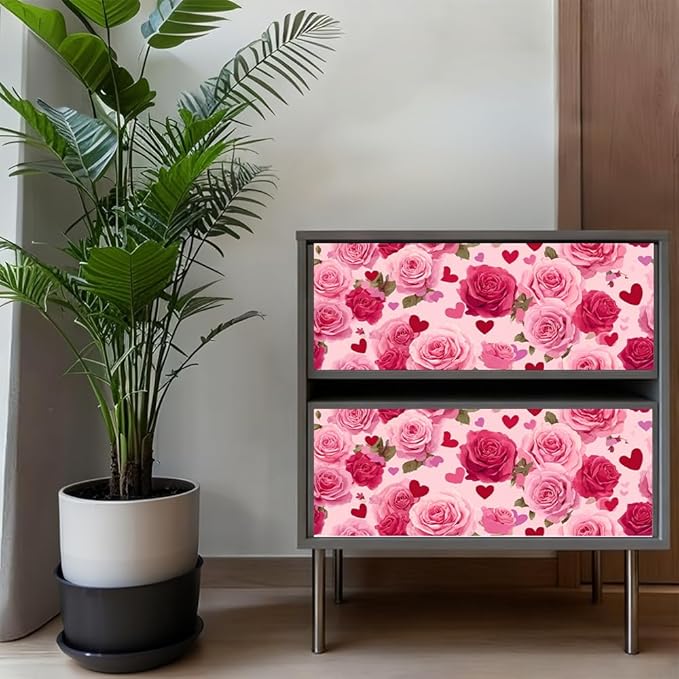 Rose Heart PVC Wallpaper Sticker 39.37x15.75 Inch Pink Flower Pattern Self Adhesive Decorative Wall Decal for Bedroom Living Room Valentine Home Decor