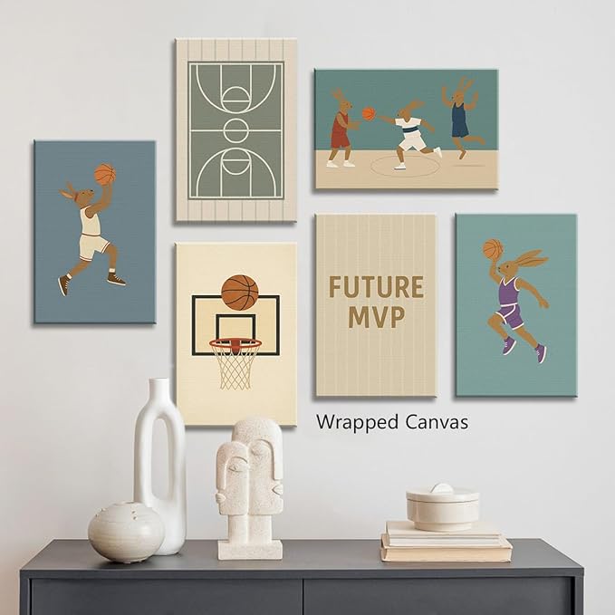 Basketball Canvas Wall Art, Nursery Animal Sports Posters, Bunny Rabbit Athletes Pictures, Positive Quote Print, Kids Bedroom Basketball Court & Hoop Decor 8x12in Wrapped Canvas