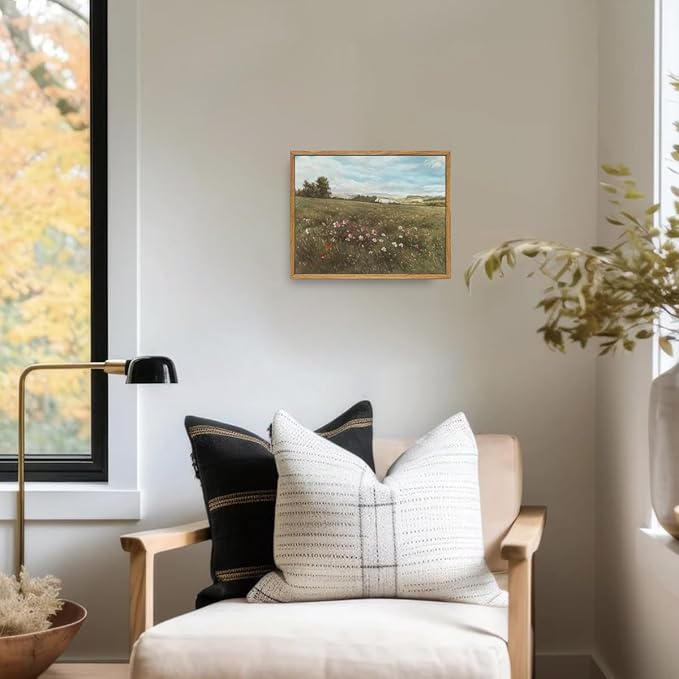 OIQArtOIQ Vintage Landscape Framed Wall Art Summer Countryside Wildflower Canvas Art Prints Farmhouse Cottagecore Pictures Wall Decor Rustic Meadow Paintings Artwork For Kitchen Bedroom Living Room