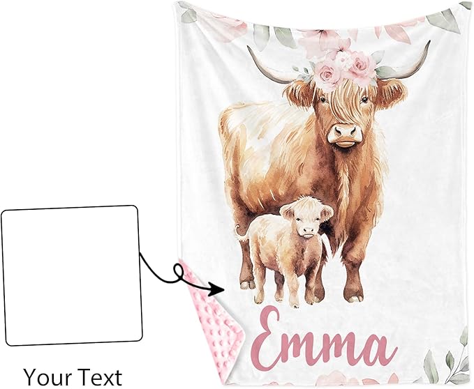 Personalized Baby Blankets for Boys Girls, Custom Name Pink Highland Cow Baby Blanket, Soft Receiving Blanket for Newborns and Toddlers, Ideal for Baby Showers and Nursery Decor