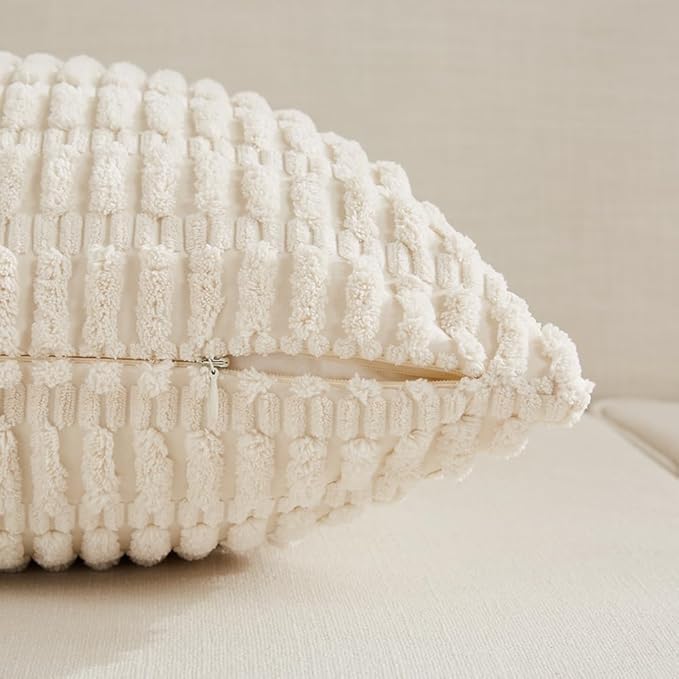 Fancy Homi 24x24 Pillow Covers, Pack of 2 Cream White Throw Pillow Covers with Stripe Pattern, Super Soft Corduroy Square Solid Cushion Cover for Couch Sofa Bedroom Living Room 60x60 cm