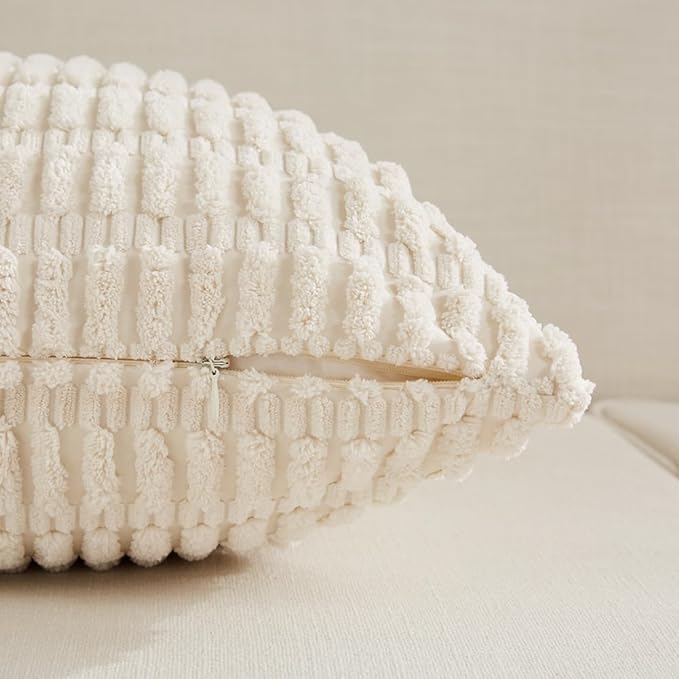 Fancy Homi 2 Packs Cream Lumbar Decorative Throw Pillow Covers 14x24 Inch for Living Room Couch Bed Sofa, Rustic Farmhouse Boho Home Decor, Soft Striped Corduroy Rectangle Cushion Case 35x60 cm