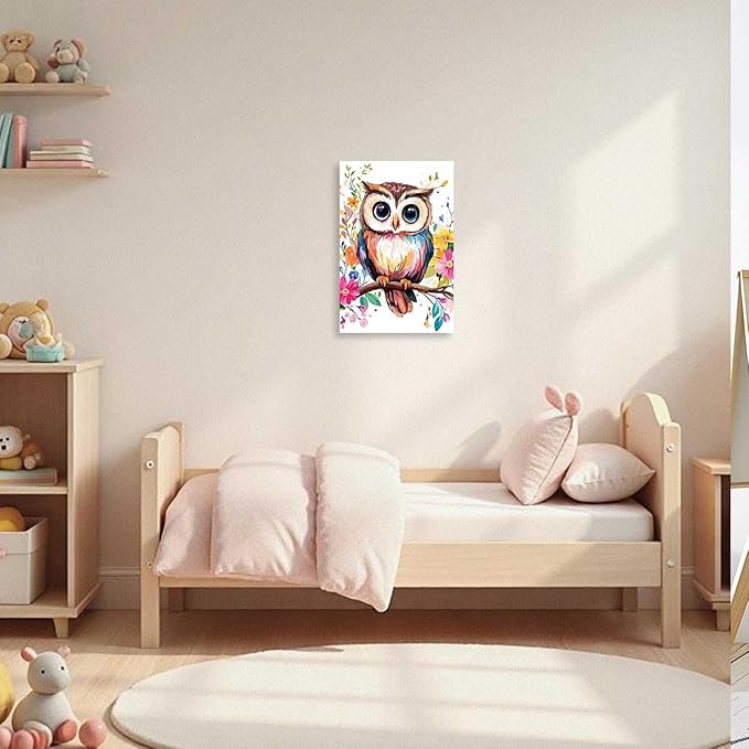 AWPANERAR Owl Canvas Wall Art Watercolor Owl Picture Prints Colorful Flower Painting Cute Animals Poster for Nursery Kids Room Decor Framed (18L x 12W)