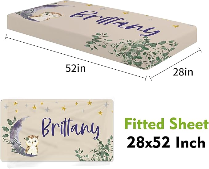 Personalized Crib Bedding Set for Boys Girls, Custom Baby Crib Sets with Name, Purple Owl Design Nursery Bedding 2 Piece - Soft Blanket with Double Layer Dotted Backing, Crib Fitted Sheet