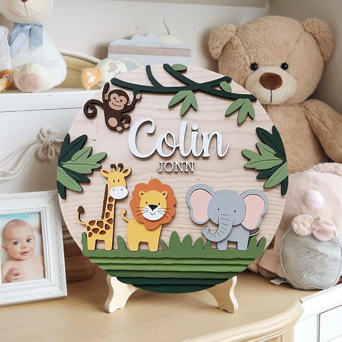 Personalized Name for Nursery Wall, Animals Sign for Baby Door Decor, Newborn Gifts for Girl, Girls Nursery Wall Bedroom Decorations, Mother's Day Gifts for New Mom Dad Gift