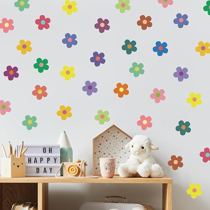 12 Sheets Daisy Wall Decals, Bright Colors Floral Wall Decor, Daisy Flower Walls Art Stickers for Kids Girls Nursery Bedroom Living Room, Vinyl Peel and Stick
