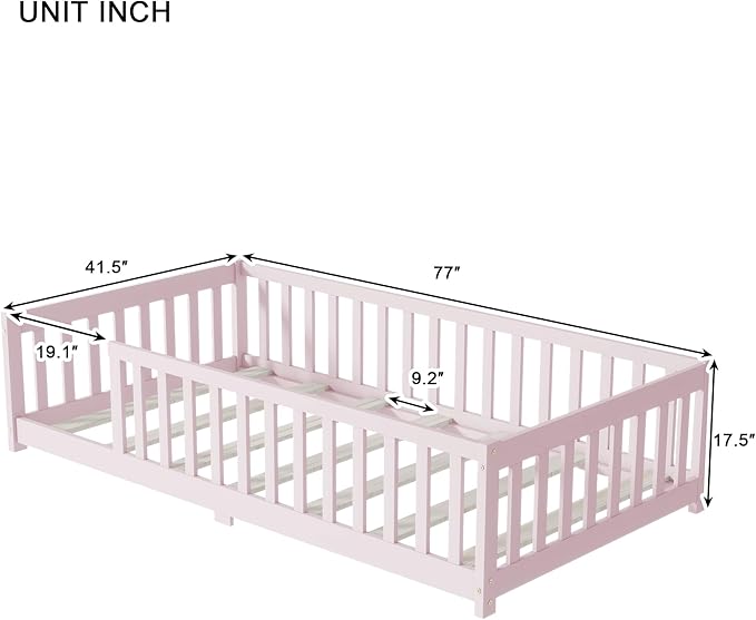 Twin Size Kids Montessori Floor Bed,Twin Floor Bed Frame with Slats,Solid Wood Twin Bed Frame for Girls Boys,Pink