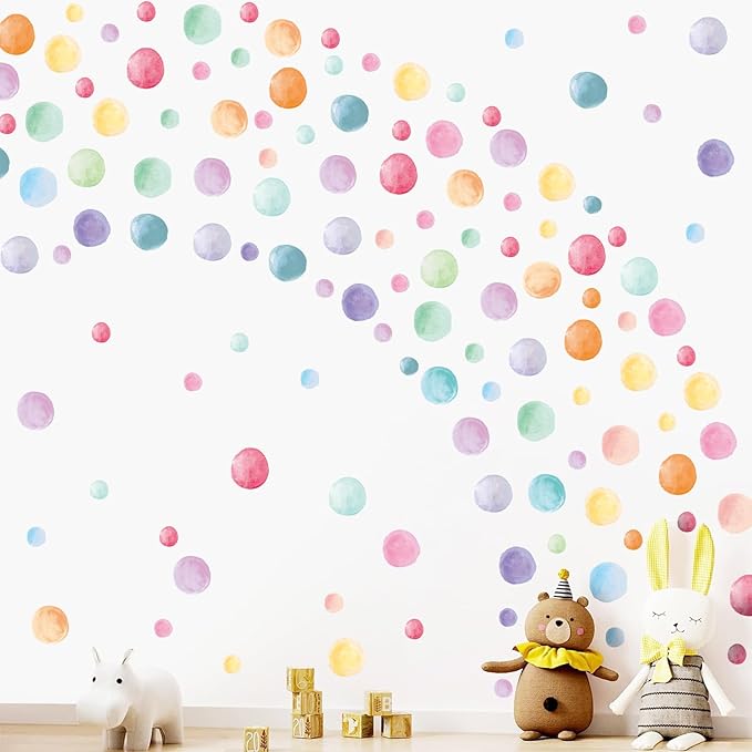 201 Pcs Watercolor Polka Dots Wall Decals, Peel and Stick Boho Rainbow Wall Stickers, Multicolor Circle Wall Decor,Pastel Colorful Round Decoration for Girls Bedroom Kids Nursery Classroom Playroom