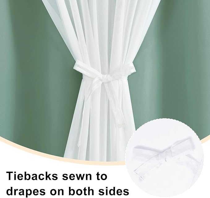 Hiasan Light Sage Green Blackout Curtains with Sheer Overlay, Thermal Insulated Privacy Mix & Match Double Layer Window Curtains for Girls Bedroom, Living Room, 2 Drape Panels with Tiebacks, 52W X 63L