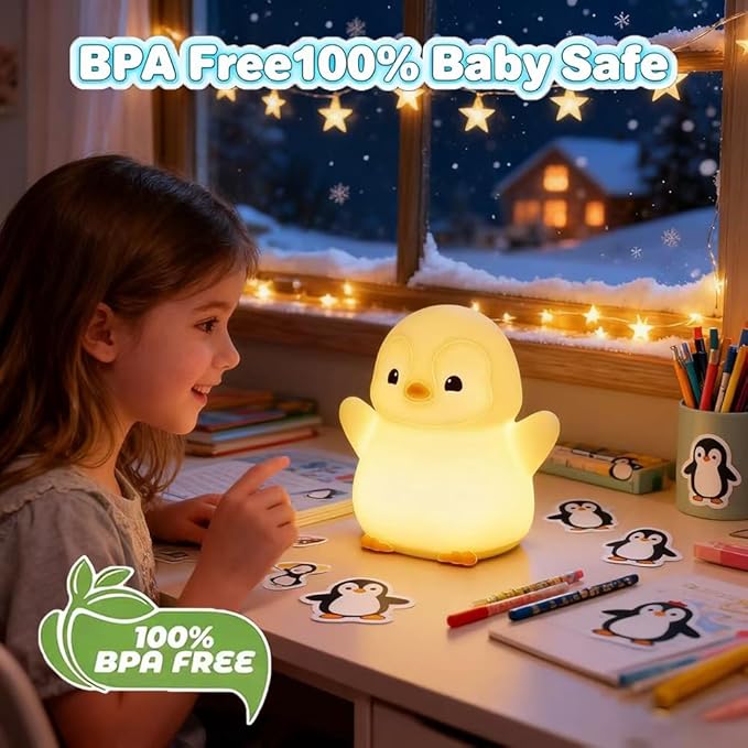 Cute Penguin Night Light for Kids Bedroom, Animal Silicone Nursery Night Lamp Touch Control Nightlights USB Rechargeable Bedside Lamp for Baby Children Toddlers Girls Gift