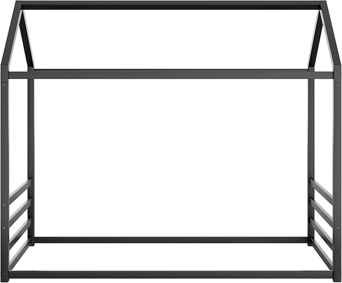 Harper & Bright Designs Full Size Montessori Floor Bed for Children, Metal House Bed Frame with Roof and Fence, Kids Floor Bed Frame for Boys Girls, Easy Assemble, No Slats,Black