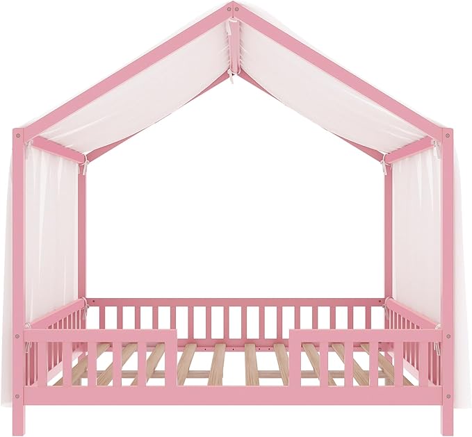 Bellemave Full House BedFrame with Canopy, Montessori Floor Bed, House Bed with Rails for Kids, Pink