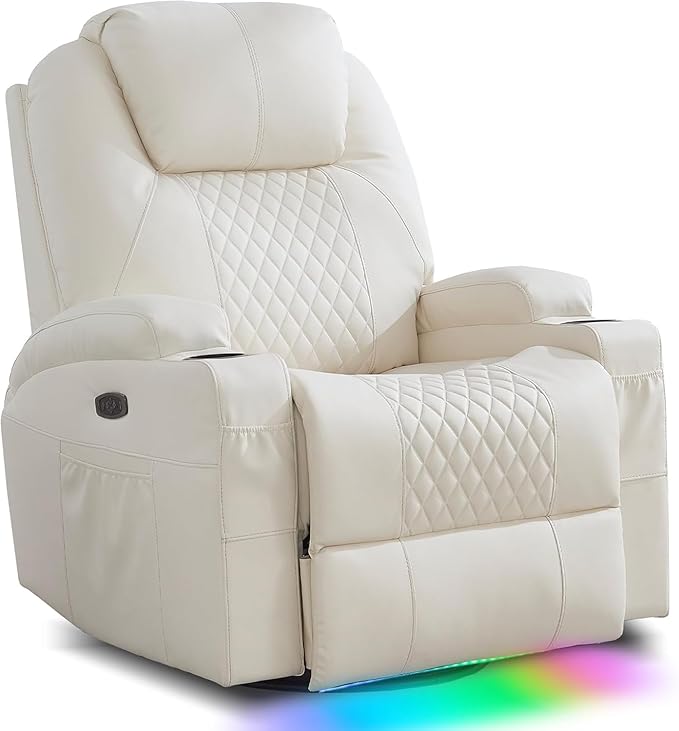 Power Swivel Rocker Recliner Chair with Massage and Heat/LED Lights/USB and Type-C Ports/Infinite Position/Cup Holder, Electric Glider Reclining Sofa for Nursery Living Room (1, Beige)